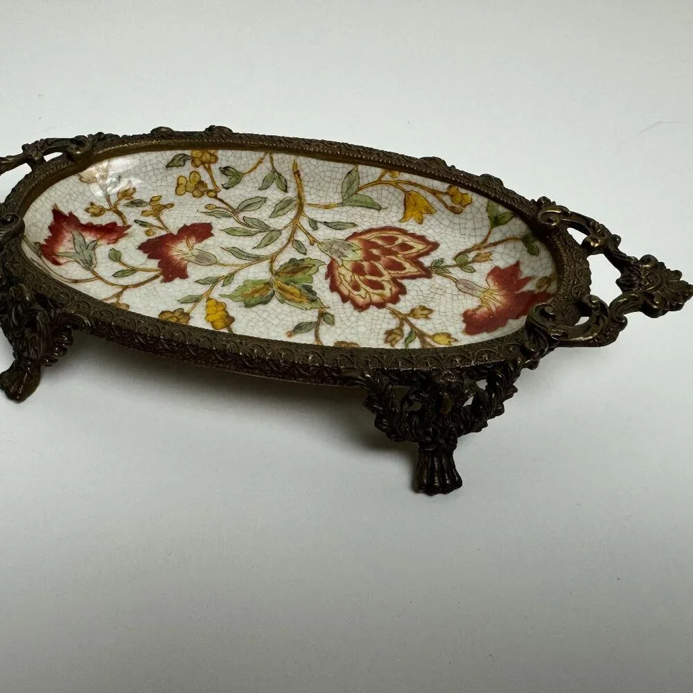 Vintage Chinese Brass and Porcelain Footed Floral Trinket Dish